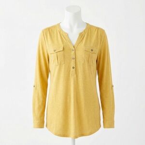 A New Day Yellow Henley Tunic Top Roll Tab Sleeve Pockets Large